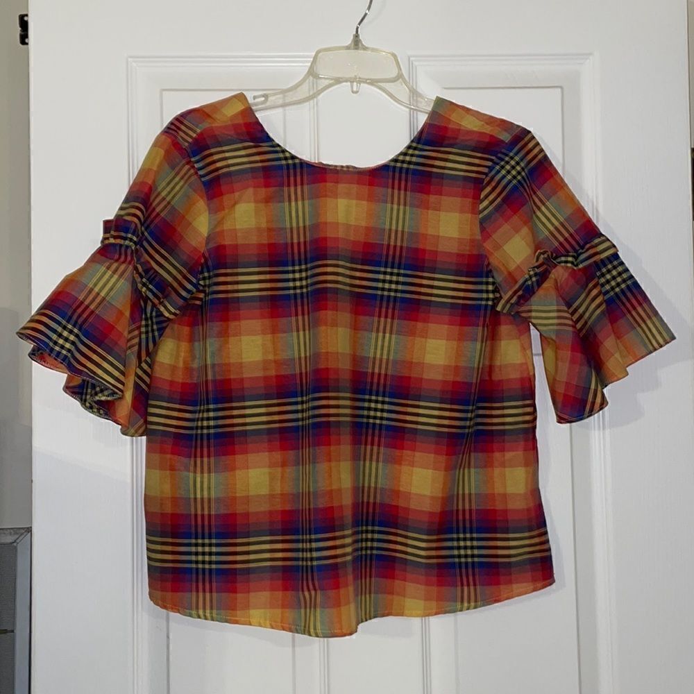 ✨ASOS Multicolored Summer Plaid Bell Sleeve Cropped Top, NWT
